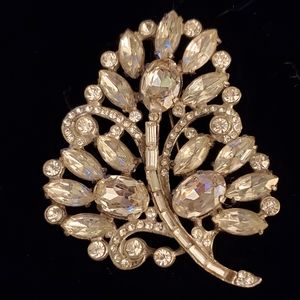 Huge Vintage Deco Rhinestone Leaf Brooch